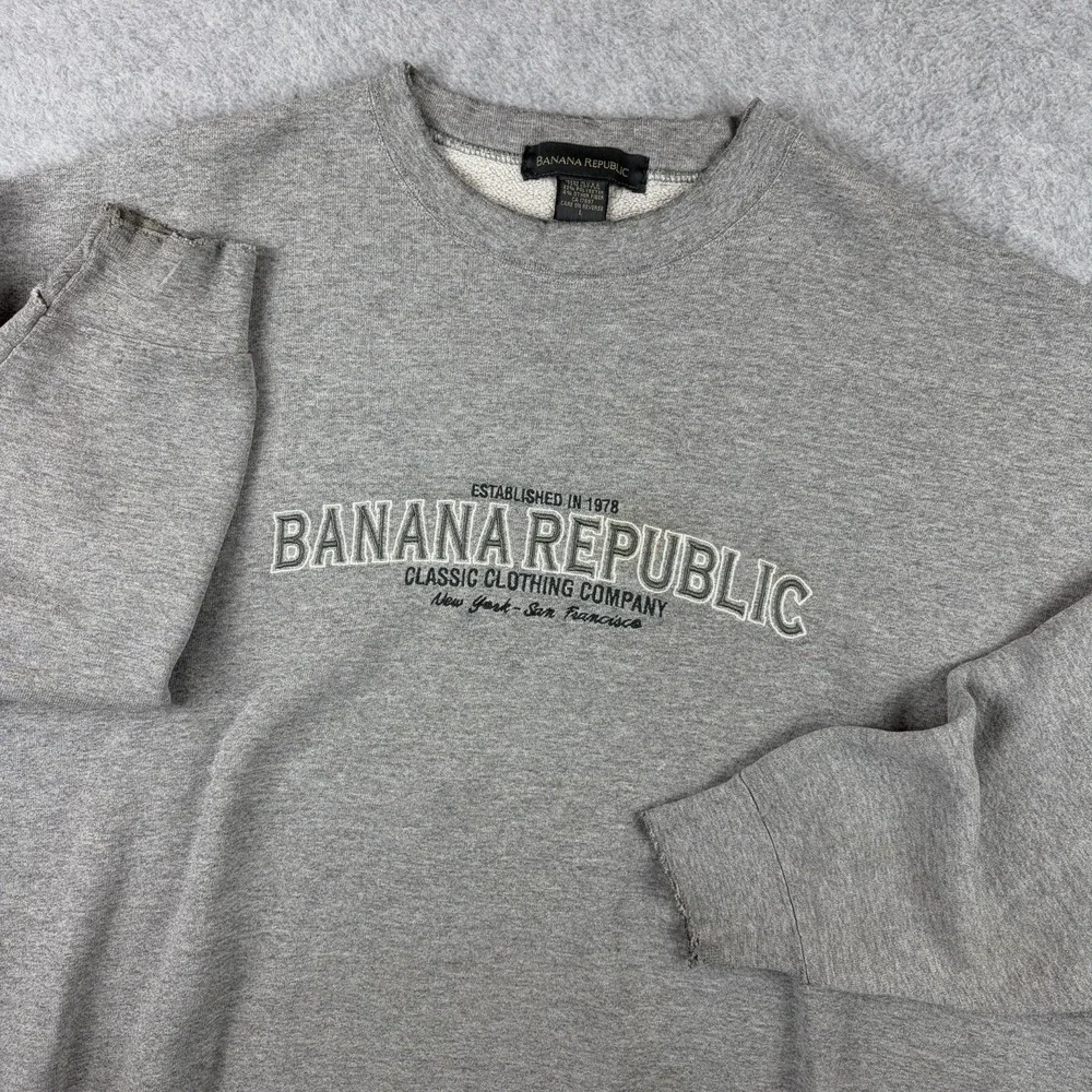 Vtg‎ Banana Republic Sweatshirt Mens Large Gray Embroidered Distressed 90s USA